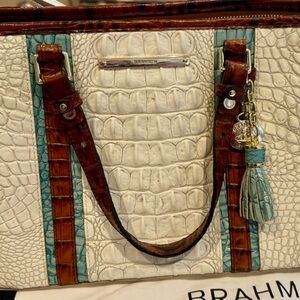 Brahmin Cream and Brown Textured Tote with Rich Trim